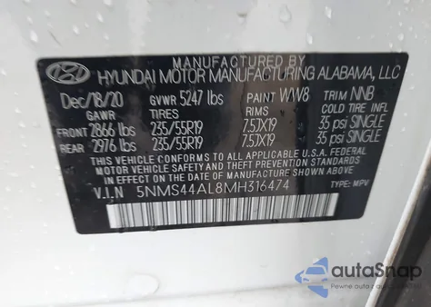 2021 Hyundai Santa Fe Limited z USA, uszkodzony, nr VIN 5NMS44AL8MH316474